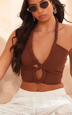 Brown Rope Detail Linen Look Cut Out Crop Top