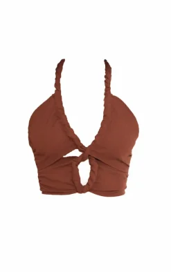 Brown Rope Detail Linen Look Cut Out Crop Top