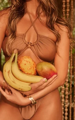 Brown Ruched Ring Detail Bikini Top