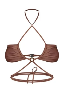 Brown Ruched Ring Detail Bikini Top
