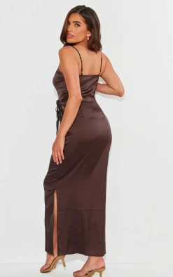 Brown Satin Bow Lace Up Cami Dress