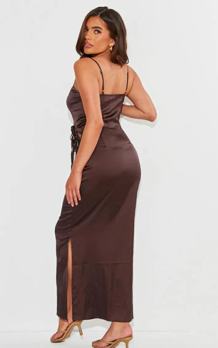 Brown Satin Bow Lace Up Cami Dress