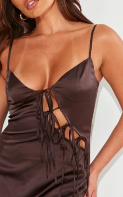 Brown Satin Bow Lace Up Cami Dress