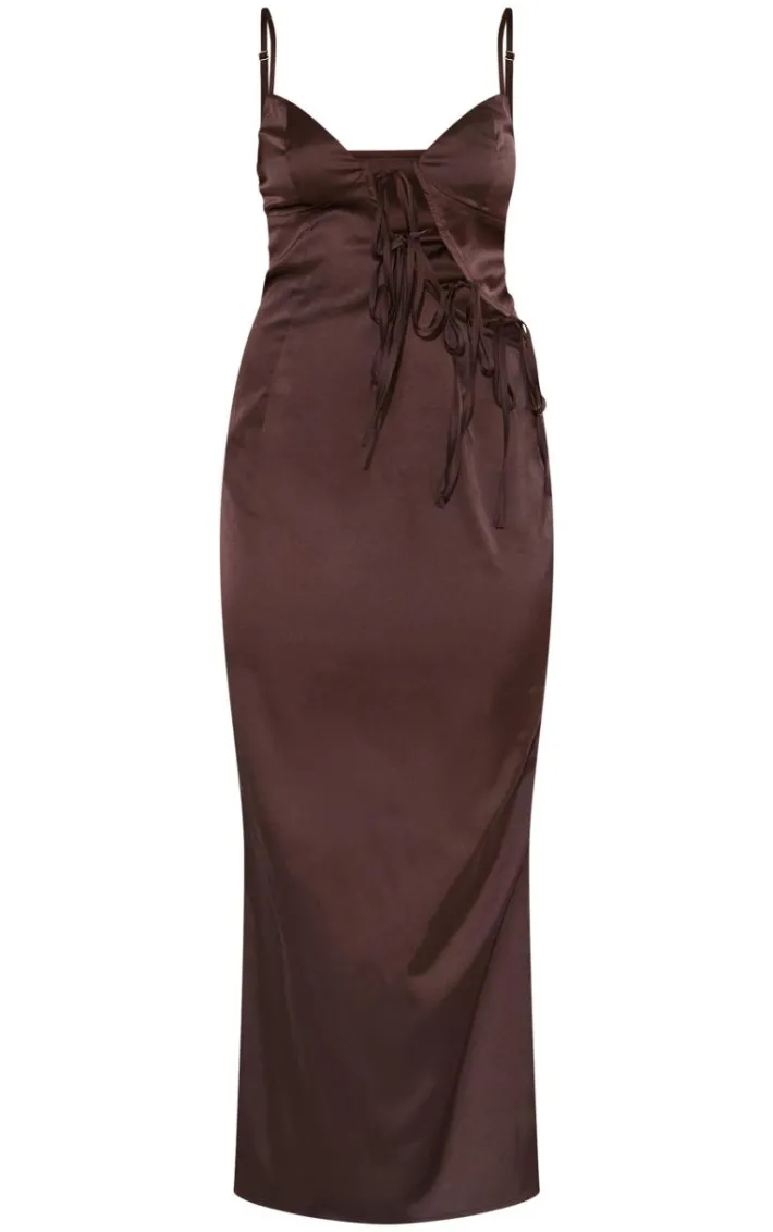 Brown Satin Bow Lace Up Cami Dress