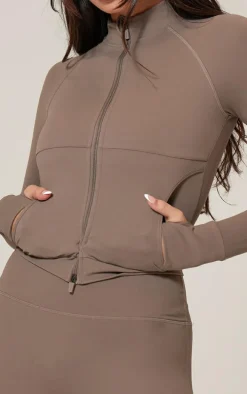 Brown Sculpt Pocket Front Double Zip Up Jacket