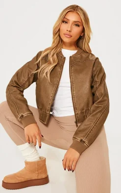 Brown Seam Detail Distressed Pu Bomber
