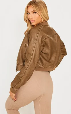 Brown Seam Detail Distressed Pu Bomber