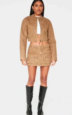 Brown Seam Detail Shoulder Padded Racer Cropped Denim Jacket