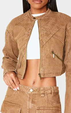 Brown Seam Detail Shoulder Padded Racer Cropped Denim Jacket