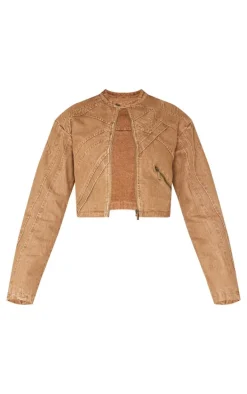 Brown Seam Detail Shoulder Padded Racer Cropped Denim Jacket