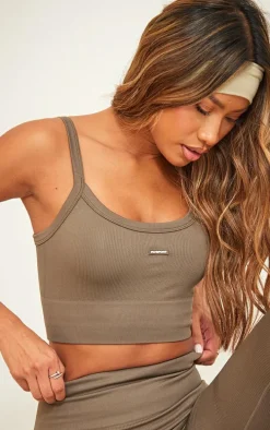 Brown Seamless Rubber Badge Detail Crop Top