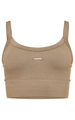 Brown Seamless Rubber Badge Detail Crop Top
