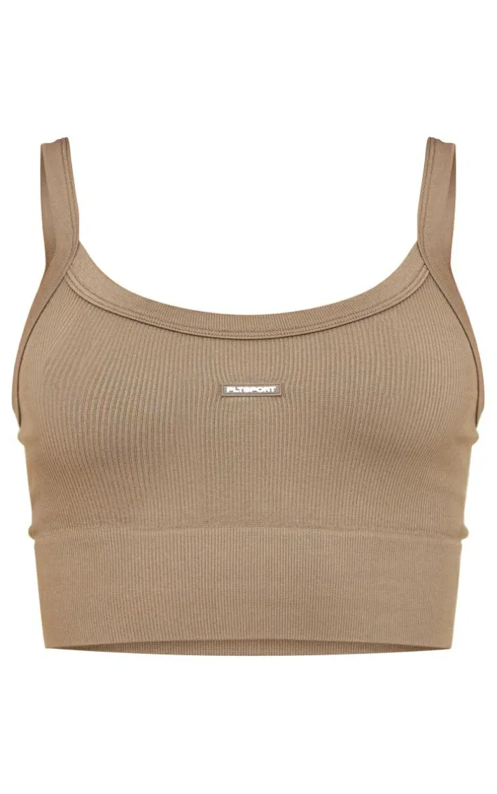 Brown Seamless Rubber Badge Detail Crop Top