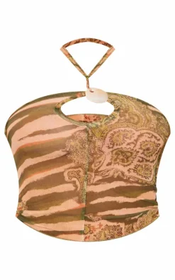 Brown Shell Detail Printed Mesh Halter Neck Crop Top