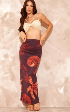 Brown Shell Printed Lined Mesh Maxi Skirt