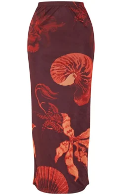 Brown Shell Printed Lined Mesh Maxi Skirt