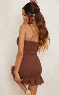Brown Shirred Bandeau Lace Up Detail Shift Dress