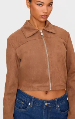 Brown Shoulder Pad Detail Faux Suede Jacket