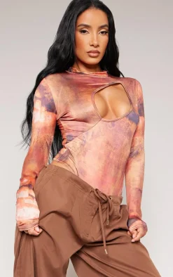 Brown Slinky Printed Cut Out Bodysuit