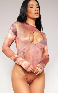 Brown Slinky Printed Cut Out Bodysuit