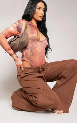 Brown Slinky Printed Cut Out Bodysuit