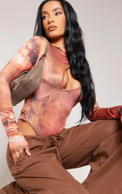 Brown Slinky Printed Cut Out Bodysuit
