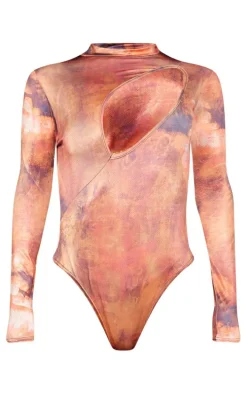 Brown Slinky Printed Cut Out Bodysuit