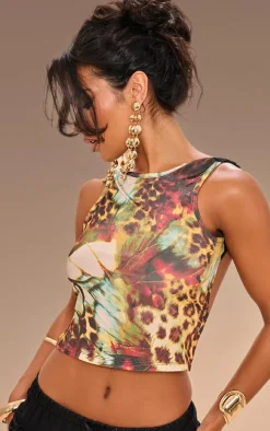 Brown Slinky Printed Lace Back Crop Top