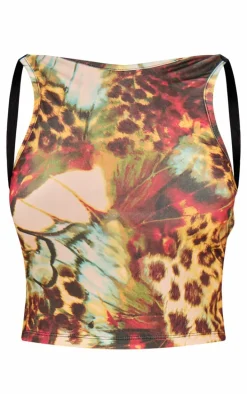 Brown Slinky Printed Lace Back Crop Top