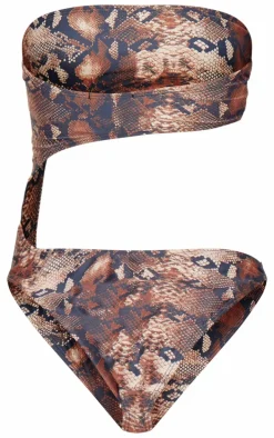 Brown Snake Print Bandeau Cut Out Swimsuit