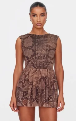 Brown Snake Print Mesh Rara Skort Romper