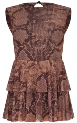Brown Snake Print Mesh Rara Skort Romper