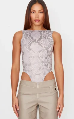 Brown Snake Print Soft Jersey Open Back Bodysuit