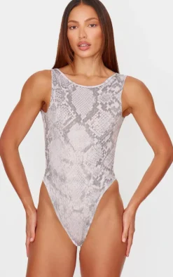 Brown Snake Print Soft Jersey Open Back Bodysuit