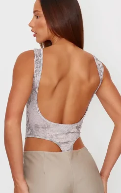 Brown Snake Print Soft Jersey Open Back Bodysuit