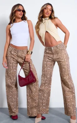 Brown Snake Print Wide Leg Jeans