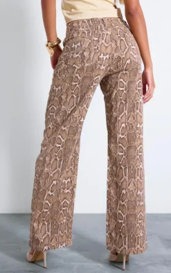 Brown Snake Print Wide Leg Jeans