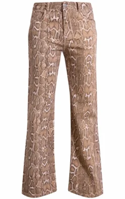 Brown Snake Print Wide Leg Jeans