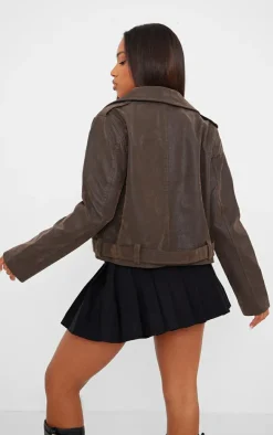 Brown Soft Faux Leather Flower Detail Crop Jacket