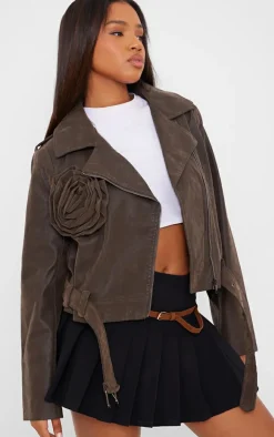 Brown Soft Faux Leather Flower Detail Crop Jacket