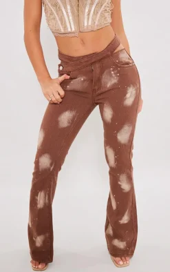 Brown Splatter Cut Out Waistband Flared Jeans
