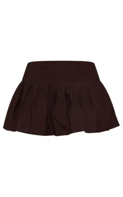 Brown Stretch Woven Low Rise Pleated Micro Mini Skirt