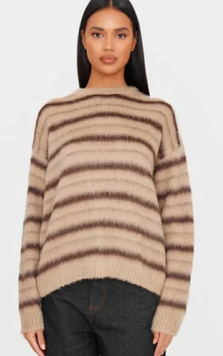 Brown Stripe Fluffy Knit Oversized Sweater