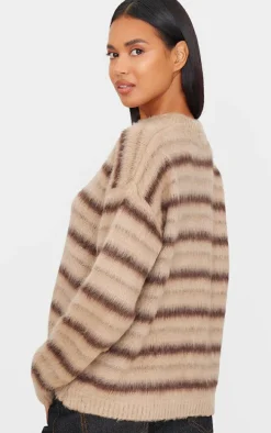 Brown Stripe Fluffy Knit Oversized Sweater