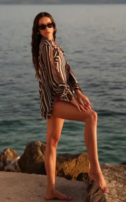 Brown Stripe Print Chiffon Oversized Beach Shirt