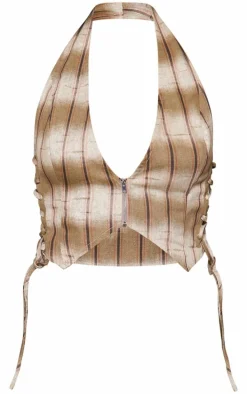 Brown Stripe Print Twill Halter Lace Up Top