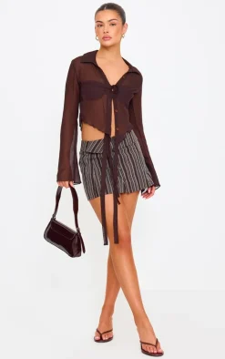 Brown Striped Shirt Detail Woven Mini Skirt