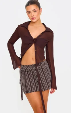 Brown Striped Shirt Detail Woven Mini Skirt