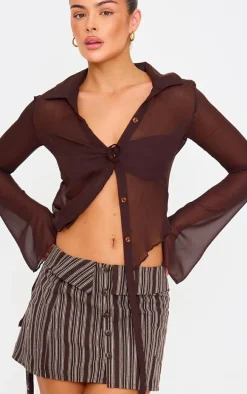 Brown Striped Shirt Detail Woven Mini Skirt