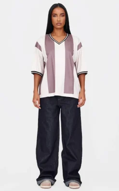 Brown Striped V Neck Oversized Football T Shirt